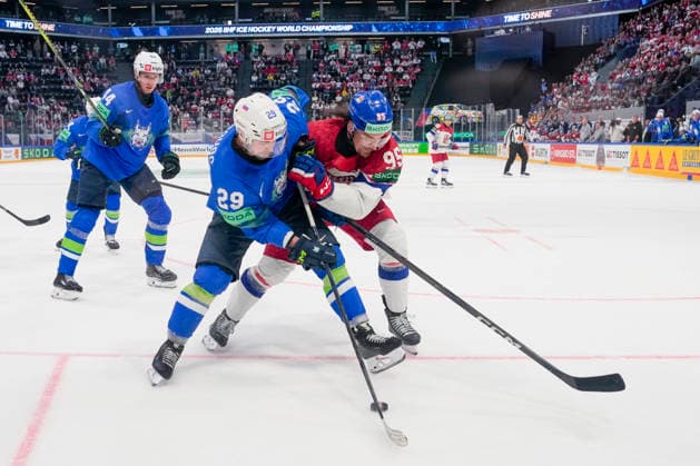FRIBOURG, SWITZERLAND MAY 16 Aleksandar Magovac of Slovenia L against Daniel Vozenilek of Czechia R during the 2026 IIHF Ice Hockey World Championship Switzerland game between Slovenia and Czechia at BCF Arena on May 16, 2026 in Fribourg, Fribourg Fribourg BCF Arena Fribourg Switzerland Copyright: xJustPictures.ch JarixPestelaccix jp-en-EuSpIm-JP6_JAR_Slovenia_Czechia_16May2026_00141