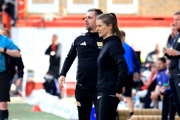 DEU, DFL, 1 FBL, 1 FC Union vs FC Augsburg, 16 05 2026, Stadion Alte Foersterei, Berlin, DEU, DFL, 1 FBL, 1 FC Union vs FC Augsburg, in the picture Head Coach Marie Louise Eta 1 FC Union Berlin , Co Coach Sebastian Boenig 1 FC Union Berlin DFL regulations prohibit any use of Photographs as image sequences and or quasi video nordphotoxGmbHx xEngler nph00076