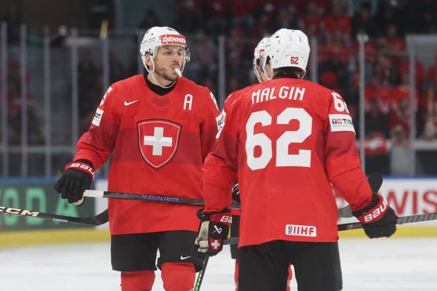 Ice Hockey World Championship 2026 SUI LAT Sven Andrighetto Denis Malgin Switzerland 16 05 2026 Swiss Life Arena Zuerich , SWITZERLAND, Men IIHF Ice Hockey World Championship Zurich 2026 Group Switzerland Latvia Sven Andrighetto Denis Malgin Switzerland