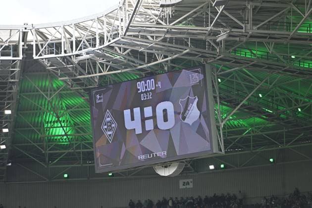 Feature, Scoreboard with result Football 1 Bundesliga, Matchday 34, Borussia Moenchengladbach TSG 1899 Hoffenheim 4 0, on 16 05 2026 in Moenchengladbach Germany DFL regulations prohibit any use of photographs as image sequences and or quasi video Â