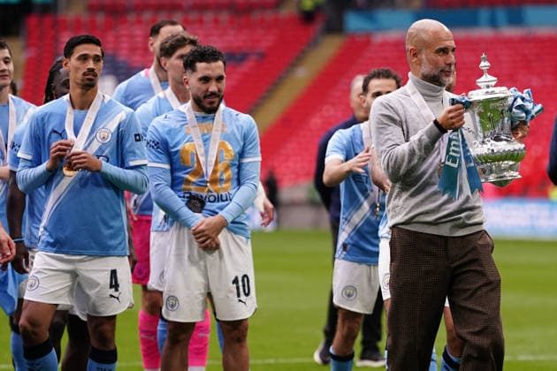 Emirates FA Cup Final Chelsea v Manchester City Josep Guardiola manager of Manchester City with the fa cup trophy during the Emirates FA Cup Final match Chelsea vs Manchester City at Wembley Stadium, London, United Kingdom on 16 May 2026 (Photo by Harvey Murphy News Images) Copyright: xHarveyxMurphy NewsxImagesx