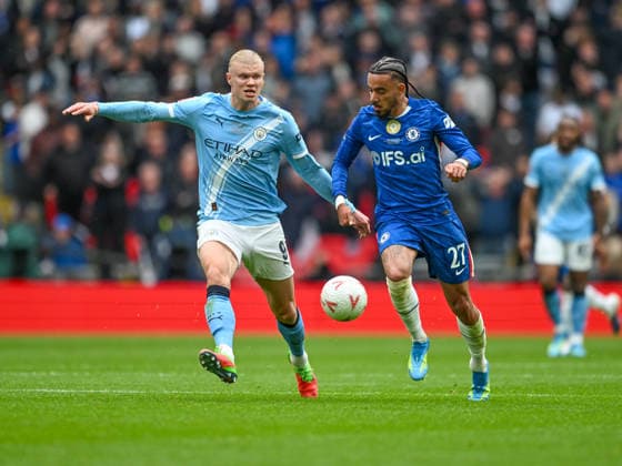 Chelsea v Manchester City Emirates FA Cup Erling Haland of Manchester City and Malo Gusto of Chelsea during the Emirates FA Cup Final between Chelsea and Manchester City at Wembley Stadium, London 16 05 2026 UK Newspapers OUT Copyright: xKarlxVallantinex FIL-23441-0154