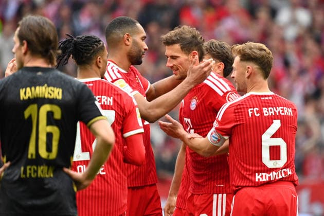 Leon GORETZKA Bayern Muenchen is sent off before being replaced by Jonathan TAH Bayern Muenchen ,Joshua KIMMICH Bayern Muenchen and Michael OLISE Bayern Muenchen Football 1 Bundesliga Season 2025 2026, 34 Matchday, Matchday34 FC Bayern Muenchen 1 FC Koeln 5 1 on 16 05 2026 , A L L I A N Z A R E N A
