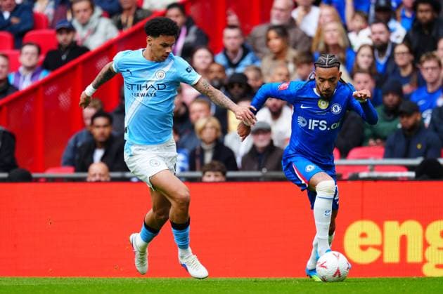 Nico O Reilly of Manchester City battles with Malo Gusto of Chelsea Chelsea v Manchester City, Emirates FA Cup Final, Football, Wembley Stadium, London, UK - 16 May 2026London Wembley Stadium United Kingdom EDITORIAL USE ONLY No use with unauthorised audio, video, data, fixture lists, club league logos or live services. Online in-match use limited to 120 images, no video emulation. No use in betting, games or single club league player publications.  Copyright: xJavierxGarcia Shutterstockx 16876844fg