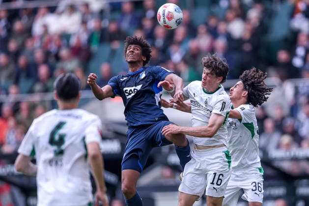 16 05 2026, Football, Borussia Mönchengladbach TSG 1899 Hoffenheim, 1 Soccer Bundesliga, 34 Matchday, Borussia Park, Season 2025 2026 Bernardo TSG Hoffenheim 13 in duel against Philipp Sander Borussia Mönchengladbach 16 Wael Mohya Borussia Mönchengladbach 36 DFB regulations prohibit any use of photographs as image sequences and or quasi video Nordrhein Westfalen Germany