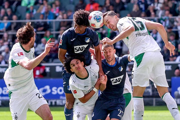 16 05 2026, Football, Borussia Mönchengladbach TSG 1899 Hoffenheim, 1 Soccer Bundesliga, Matchday 34, Borussia Park, Season 2025 2026 header penalty area action header duel Joe Scally Borussia Mönchengladbach 29 Wael Mohya Borussia Mönchengladbach 36 Bernardo TSG Hoffenheim 13 Andrej Kramaric TSG Hoffenheim 27 Haris Tabakovic Borussia Mönchengladbach 15 DFB regulations prohibit any use of photographs as image sequences and or quasi video Nordrhein Westfalen Germany
