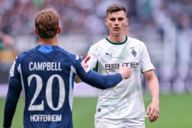 16 05 2026, Soccer, Borussia Mönchengladbach TSG 1899 Hoffenheim, 1 Soccer Bundesliga, 34 Matchday, Borussia Park, Season 2025 2026 Cole Campbell TSG Hoffenheim 20 next to Yannik Engelhardt Borussia Mönchengladbach 06 DFB regulations prohibit any use of photographs as image sequences and or quasi video Nordrhein Westfalen Germany