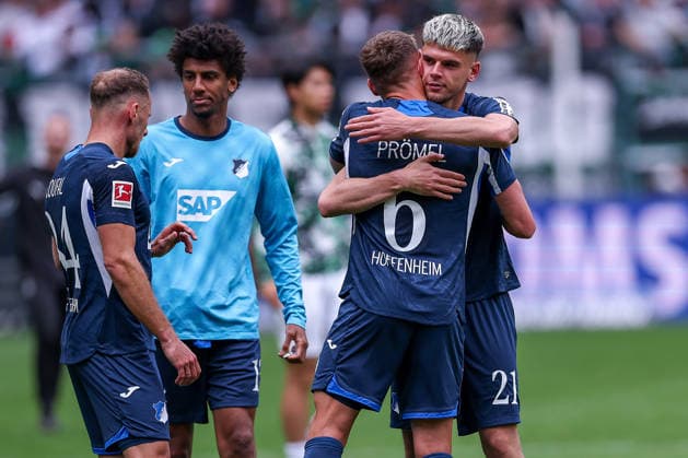 16 05 2026, Football, Borussia Mönchengladbach TSG 1899 Hoffenheim, 1 Soccer Bundesliga, 34 Matchday, Borussia Park, Season 2025 2026 Grischa Prömel TSG Hoffenheim 06 hugs Albian Hajdari TSG Hoffenheim 21 DFB regulations prohibit any use of photographs as image sequences and or quasi video Nordrhein Westfalen Germany