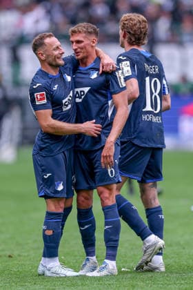 16 05 2026, Soccer, Borussia Mönchengladbach TSG 1899 Hoffenheim, 1 Soccer Bundesliga, 34 Matchday, Borussia Park, Season 2025 2026 Vladimir Coufal TSG Hoffenheim 34 together with Grischa Prömel TSG Hoffenheim 06 Wouter Burger TSG Hoffenheim 18 DFB regulations prohibit any use of photographs as image sequences and or quasi video Nordrhein Westfalen Germany