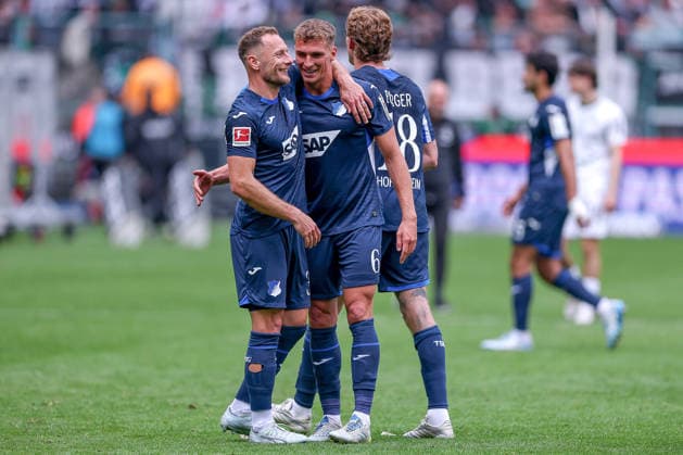 16 05 2026, Soccer, Borussia Mönchengladbach TSG 1899 Hoffenheim, 1 Soccer Bundesliga, 34 Matchday, Borussia Park, Season 2025 2026 Vladimir Coufal TSG Hoffenheim 34 together with Grischa Prömel TSG Hoffenheim 06 Wouter Burger TSG Hoffenheim 18 DFB regulations prohibit any use of photographs as image sequences and or quasi video Nordrhein Westfalen Germany