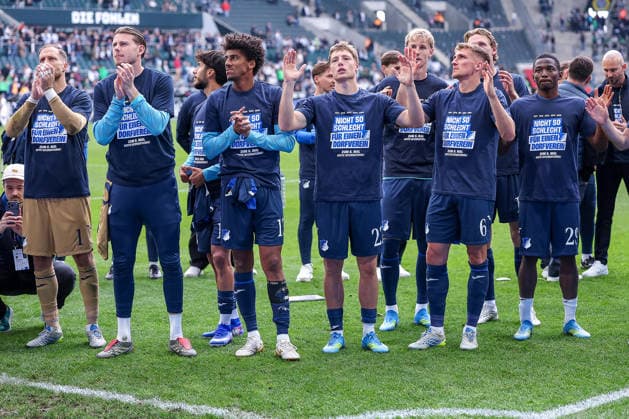 16 05 2026, Football, Borussia Mönchengladbach TSG 1899 Hoffenheim, 1 Soccer Bundesliga, Matchday 34, Borussia Park, Season 2025 2026 Dissatisfied faces after TSG Hoffenheims 0 4 defeat The team in front of the fans during the final cheer Goalkeeper Oliver Baumann TSG Hoffenheim 01 Goalkeeper Luca Philipp TSG Hoffenheim 37 Bernardo TSG Hoffenheim 13 Adam Hlozek TSG Hoffenheim 23 Grischa Prömel TSG Hoffenheim 06 Bazoumana Toure TSG Hoffenheim 29 DFB regulations prohibit any use of photographs as image sequences and or quasi video North Rhine-Westphalia Germany