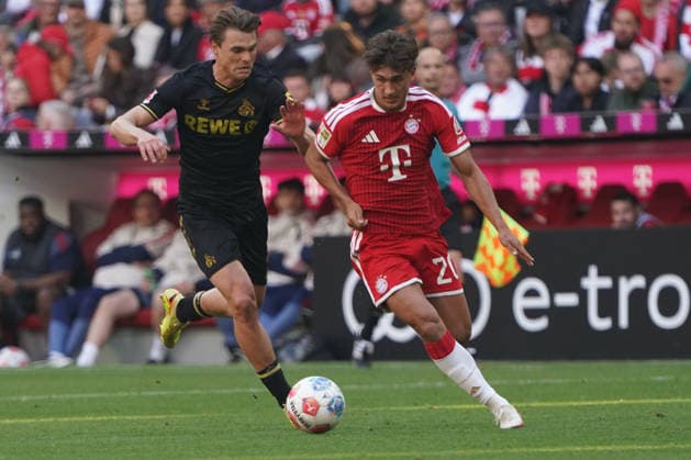Soccer, 1 BL 2025 2026, FC Bayern Munich vs 1 FC Cologne 16 05 2026 , Allianzarena Munich Joel Schmied FC Cologne, Tom Bischof FC Bayern Munich ,