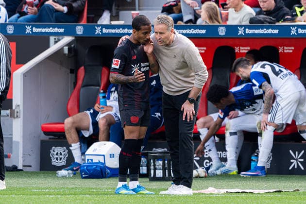 Leverkusen, Germany 16 May 2026 1 BL 2025 2026 Sp 34 Bayer 04 Leverkusen v Hamburger SV Pictured from left Arthur LEV and coach Kasper Hjulmand LEV speak DFL DFB regulations prohibit any use of photographs as image sequences and or quasi video BayArena Nordrhein Westfalen Copyright: xFotostandx xKruczynskix