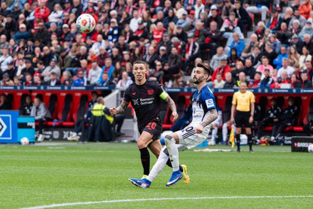 Leverkusen, Germany 16 May 2026 1 BL 2025 2026 Sp 34 Bayer 04 Leverkusen v Hamburger SV Pictured from left in a duel Alejandro Grimaldo LEV and Fabio Vieira HSV DFL DFB regulations prohibit any use of photographs as image sequences and or quasi video BayArena Nordrhein Westfalen Copyright: xFotostandx xKruczynskix