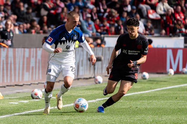 Leverkusen, Germany 16 May 2026 1 BL 2025 2026 Sp 34 Bayer 04 Leverkusen v Hamburger SV Pictured from left in duel Miro Muheim HSV and Ibrahim Maza LEV DFL DFB regulations prohibit any use of photographs as image sequences and or quasi video BayArena Nordrhein Westfalen Copyright: xFotostandx xKruczynskix