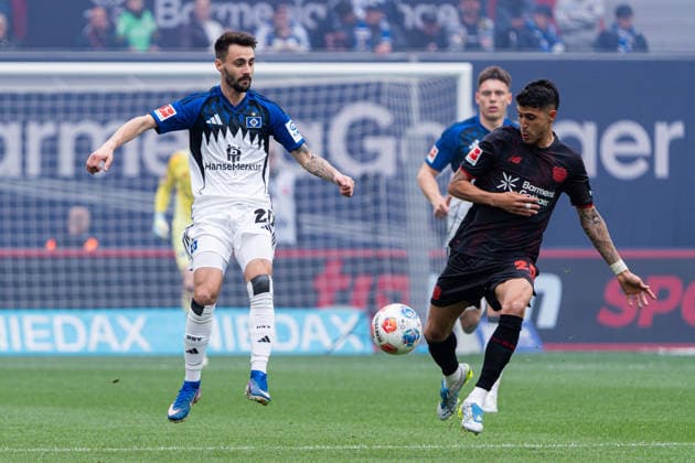 Leverkusen, Germany 16 May 2026 1 BL 2025 2026 Sp 34 Bayer 04 Leverkusen v Hamburger SV Pictured from left in duel Fabio Vieira HSV and Exequiel Palacios LEV DFL DFB regulations prohibit any use of photographs as image sequences and or quasi video BayArena Nordrhein Westfalen Copyright: xFotostandx xKruczynskix