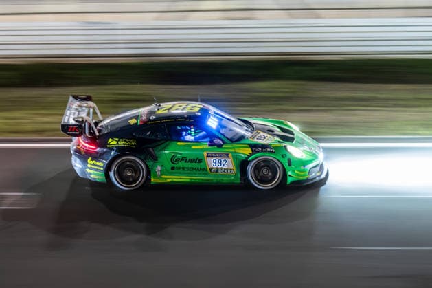 The Porsche 911 GT3 CUP MR with starting number 992 from Team Manthey Team eFuel Griesemann with drivers Björn Griesemann, Georg Griesemann, Dirk Adorf and Marco Holzer will be driving at night on the Nürburgring Grand Prix circuit in Rhineland-Palatinate Germany during the 24-hour race.