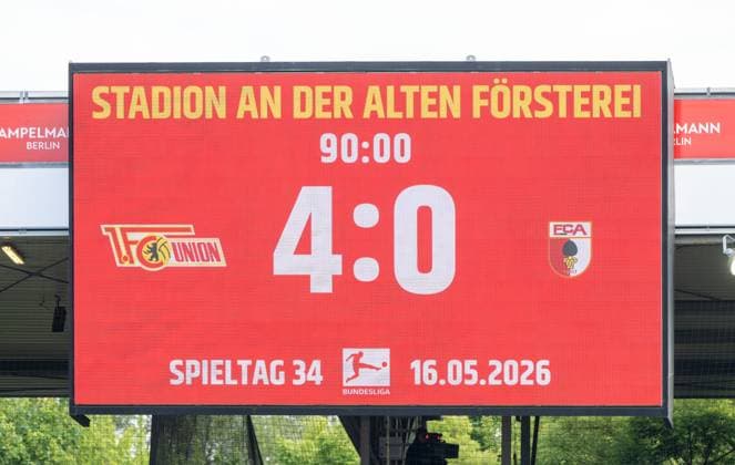 Soccer, Men, Season 2025 2026, 1 Bundesliga 34 Matchday , 1 FC Union Berlin FC Augsburg, Scoreboard with 4 0 Final Score, 16 05 2026, Copyright: xMatthiasxKochx