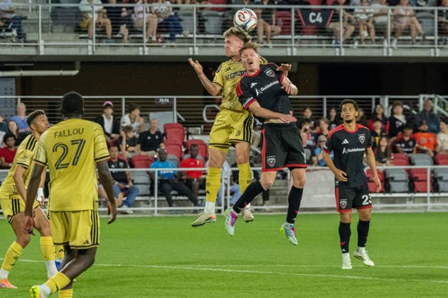 May 16, 2026, Washington, District Of Columbia, United States: Christian Benteke challenges for a header with Timo Baumgartl during an MLS, Fussball Herren, USA match at Audi Field. DC United Vs St. Louis CITY SC  - ZUMAk206 20260516_znp_k206_015 Copyright: xMattxKaminskyx
