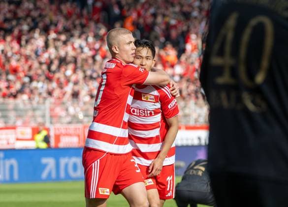 Soccer, Men, Season 2025 2026, 1 Bundesliga 34 Matchday , 1 FC Union Berlin FC Augsburg 4 0 , v l Dmytro Bogdanov 1 FC Union Berlin , Woo Yeong Jeong Wooyeong, 1 FC Union Berlin , Cheering after goal to 4 0, 16 05 2026, Copyright: xMatthiasxKochx