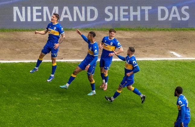 FOOTBALL REGIONAL LEAGUE NORTH-EAST 34 GAME DAY FC CARL ZEISS JENA FC ROT WEISS ERFURT FOR EDITORIAL PURPOSES ONLY p 16 05 2026 Jena Football Regionalliga Nordost 34 Matchday Season 2025 2026 Ernst Abbe Sportfeld FC Carl Zeiss Jena FC Rot Weiss Erfurt in photo Timon Burmeister 28 FC Carl Zeiss Jena cheers after scoring 1 0 for Jena Germany Thueringen Jena Copyright SaschaxFromm Copyright: SaschaxFromm doc85vox3vqoc815i2ahmc7 ,EDITORIAL USE ONLY Copyright: SaschaxFromm