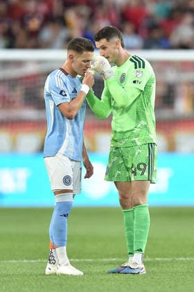 May 16, 2026, Harrison, New Jersey, USA: NYCFC goalkeeper MATT FREESE (49) and NYCFC midfielder HANNES WOLF (17) in action at Sports Illustrated Stadium in Harrison New Jersey New York City FC draws with New York Red Bulls 1 to 1 Harrison USA - ZUMAa301 20260516_aaf_a301_018 Copyright: xBrooksxVonxArxx