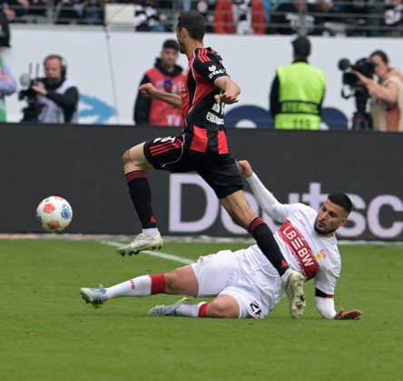 VFB Stuttgarts Deniz Undav re against Ellyes Skhiri photographed at the soccer Bundesliga match Eintracht Frankfurt against VFB Stuttgart on 16 5 2026 in Frankfurt DFL DFB REGULATIONS PROHIBIT ANY USE OF PHOTOGRAPHS as IMAGE SEQUENCES and or QUASI VIDEO