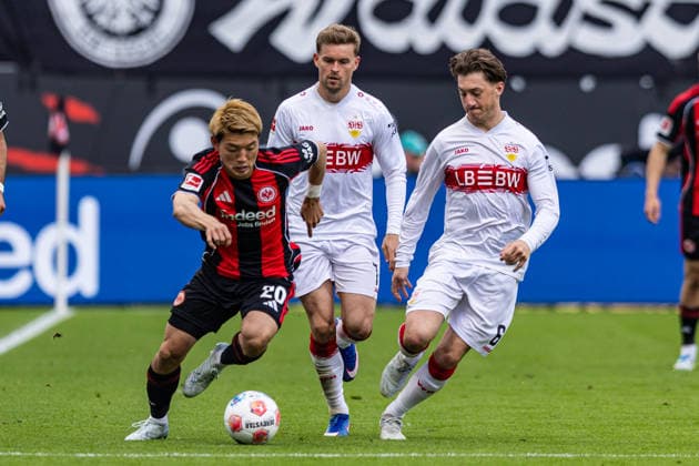 16 05 2026, xovx, Fußball Fußball Bundesliga, Eintracht Frankfurt VfB Stuttgart v l Ritsu Doan Eintracht Frankfurt , Maximilian Mittelstädt VfB Stuttgart , Angelo Stiller VfB Stuttgart DFL DFB REGULATIONS PROHIBIT ANY USE OF PHOTOGRAPHS as IMAGE SEQUENCES and or QUASI VIDEO emspor Frankfurt