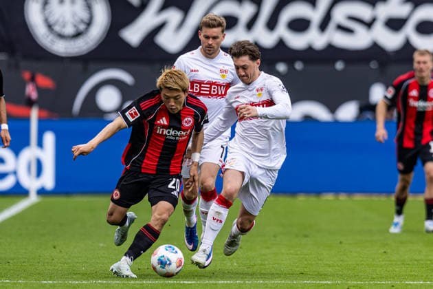 16 05 2026, xovx, Fußball Fußball Bundesliga, Eintracht Frankfurt VfB Stuttgart v l Ritsu Doan Eintracht Frankfurt , Maximilian Mittelstädt VfB Stuttgart , Angelo Stiller VfB Stuttgart DFL DFB REGULATIONS PROHIBIT ANY USE OF PHOTOGRAPHS as IMAGE SEQUENCES and or QUASI VIDEO emspor Frankfurt