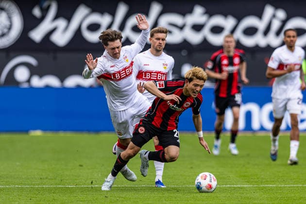 16 05 2026, xovx, Fußball Fußball Bundesliga, Eintracht Frankfurt VfB Stuttgart v l Angelo Stiller VfB Stuttgart , Maximilian Mittelstädt VfB Stuttgart , Ritsu Doan Eintracht Frankfurt DFL DFB REGULATIONS PROHIBIT ANY USE OF PHOTOGRAPHS as IMAGE SEQUENCES and or QUASI VIDEO emspor Frankfurt