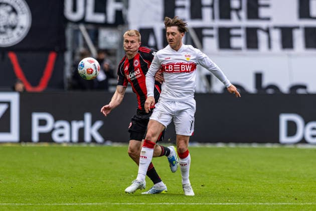 16 05 2026, xovx, Fußball Fußball Bundesliga, Eintracht Frankfurt VfB Stuttgart v l Rasmus Kristensen Eintracht Frankfurt , Angelo Stiller VfB Stuttgart DFL DFB REGULATIONS PROHIBIT ANY USE OF PHOTOGRAPHS as IMAGE SEQUENCES and or QUASI VIDEO emspor Frankfurt