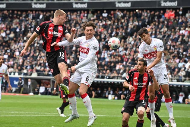 Rasmus KRISTENSEN F vs Angelo STILLER S header duel, action, duel, Football 1 Bundesliga season 2025 2026, 34 matchday, matchday34, matchday34, Eintracht Frankfurt F VfB Stuttgart S 2 2 am 16 05 2026 Deutsche Bank Park Frankfurt DFL regulations prohibit any use of photographs as image sequences and or quasi video Â