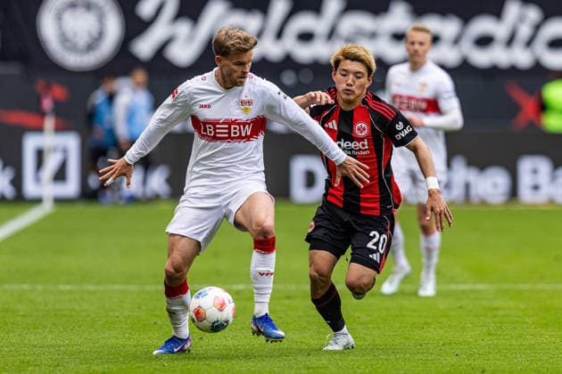 16 05 2026, xovx, Fußball Fußball Bundesliga, Eintracht Frankfurt VfB Stuttgart v l Maximilian Mittelstädt VfB Stuttgart , Ritsu Doan Eintracht Frankfurt DFL DFB REGULATIONS PROHIBIT ANY USE OF PHOTOGRAPHS as IMAGE SEQUENCES and or QUASI VIDEO emspor Frankfurt