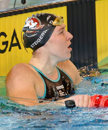 16 05 2026 Swimming 61 International Swimming Festival Nordbad DSW Darmstadt here WK119 A Final 100m freestyle winner Nika Steigerwald 2006 SG Frankfurt waits at the finish line for result Darmstadt Hessen Germany