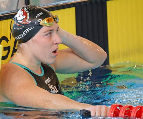 16 05 2026 Swimming 61 International Swimming Festival Nordbad DSW Darmstadt here WK119 A Final 100m freestyle winner Nika Steigerwald 2006 SG Frankfurt waits at the finish line for result Darmstadt Hessen Germany