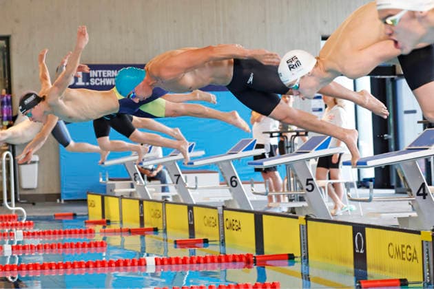 16 05 2026 Swimming 61 International Swimming Festival Nordbad DSW Darmstadt here WK120 A Final 50m Freestyle here at the start on lane 5 Niclas Keilmann 2007 SG Frankfurt on lane 4 Youssef Omran 2005 DSW 1912 Darmstadt Darmstadt Hessen Germany