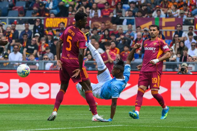 Evan Ndicka of AS Roma and Tijjani Noslin of SS Lazio during the Serie A 2025 2026 football match between AS Roma and SS Lazio at Stadio Olimpico in Rome (Italy), May 17, 2026. AndreaxStaccioli