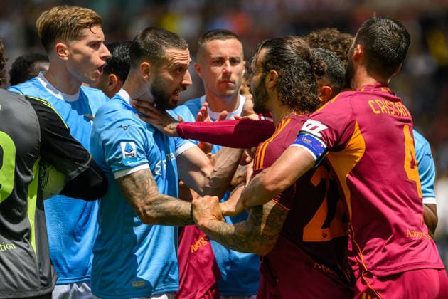 Mario Gila of SS Lazio argues with Mario Hermoso of AS Roma during the Serie A 2025 2026 football match between AS Roma and SS Lazio at Stadio Olimpico in Rome (Italy), May 17, 2026. AndreaxStaccioli