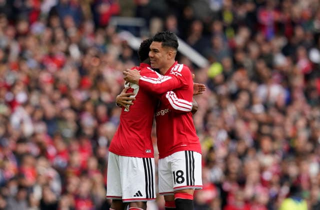 Manchester, England, 17th May 2026. Kobbie Mainoo of Manchester United, ManU hugs Casemiro of Manchester United during the Manchester United vs Nottingham Forest Premier League match at Old Trafford, Manchester. Picture credit should read: Andrew Yates Sportimage EDITORIAL USE ONLY. No use with unauthorised audio, video, data, fixture lists, club league logos or live services. Online in-match use limited to 120 images, no video emulation. No use in betting, games or single club league player publications. SPI_034_AY_Man_Utd_Forest SPI-4806-0034