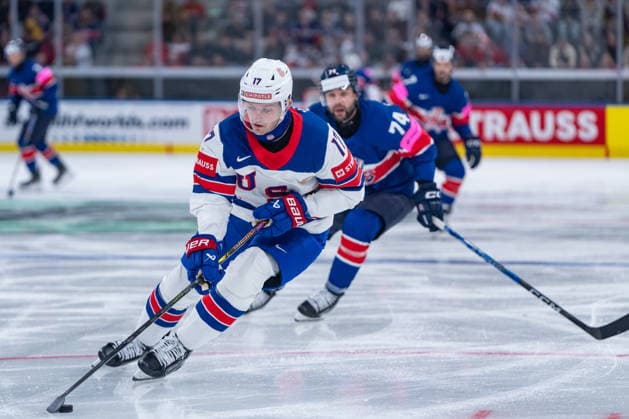 ZURICH, SWITZERLAND - MAY 17: Will Borgen (United States, 17) during build-up play during the Preliminary Round - Group A Match 11 between Great Britain and United States at the IIHF Ice hockey, Eishockey World Championship, WM, Weltmeisterschaft 2026, Swiss Life Arena on May 17, 2026 in Zurich, Switzerland. Zurich Switzerland Copyright: xTimoxSteinx