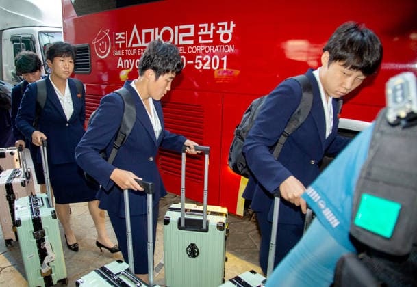Naegohyang Women s FC, May 17, 2026 : Members of Pyongyang-based Naegohyang Women s FC arrive at a hotel in Suwon, about 30 km south of Seoul, South Korea. Naegohyang s 27 players and 12 members of their staff traveled from Beijing. The North Korean women s football club will take on Suwon FC Women of South Korea in the semifinals of the AFC Women s Champions League at Suwon Stadium in Suwon on Wednesday. The other semifinal match will pit Melbourne City FC against Nippon TV Tokyo Verdy Beleza on Wednesday at Suwon Stadium. The final is scheduled on Saturday at Suwon Stadium. The Women s Champions League is Asia s top women s club competition and offers US$1 million to the champions.  aflo_330804414
