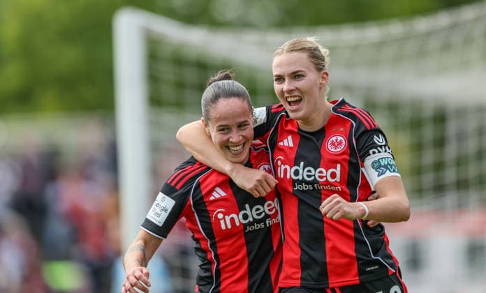 GER, Frankfurt, Eintracht Frankfurt vs Union Berlin, Google Pixel Bundesliga, Football, DFB, Season 2025 2026, Stadion am Brentanobad, 26 Matchday in picture Geraldine Reuteler Eintracht Frankfurt Women 14 , Laura Freigang Eintracht Frankfurt Women 10 , Goal, Cheers and joy, Emotions, 2 2 DFB DFL REGULATIONS PROHIBIT ANY USE OF PHOTOGRAPHS AS IMAGE SEQUENCES AND OR QUASI VIDEO, 17 05 2026 Copyright: HMBxMedia HendrikxHamelau