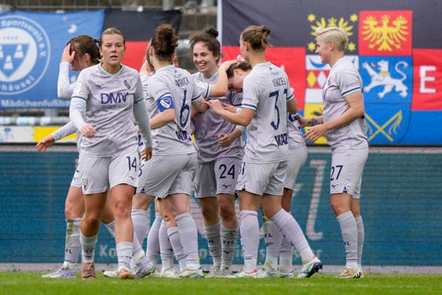17 05 2026, Hänsch Arena, Meppen, GER, Soccer, 2 Bundesliga, Women SV Meppen vs VfL Bochum, 0 1, Goal celebration of Bochum women DFL REGULATIONS PROHIBIT ANY USE OF PHOTOGRAPHS AS IMAGE SEQUENCES AND OR QUASI VIDEO Meppen Lower Saxony Germany Hänsch Arena