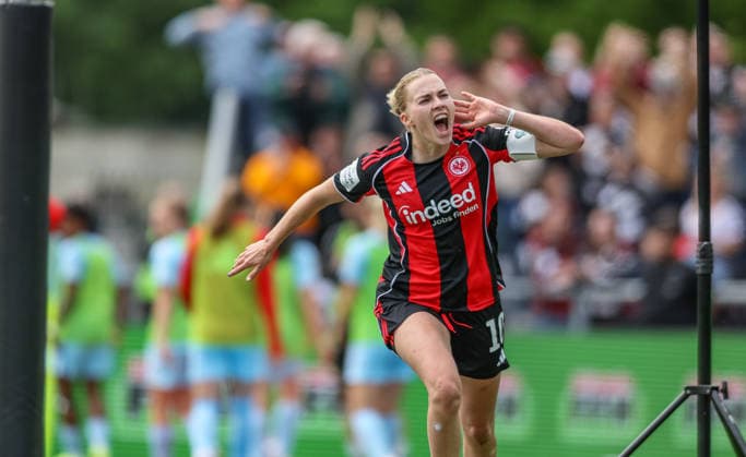 GER, Frankfurt, Eintracht Frankfurt vs Union Berlin, Google Pixel Bundesliga, Football, DFB, Season 2025 2026, Stadion am Brentanobad, 26 Matchday in picture Laura Freigang Eintracht Frankfurt Women 10 , Goal, Cheering and joy, Emotions, 2 2 DFB DFL REGULATIONS PROHIBIT ANY USE OF PHOTOGRAPHS AS IMAGE SEQUENCES AND OR QUASI VIDEO, 17 05 2026 Copyright: HMBxMedia HendrikxHamelau