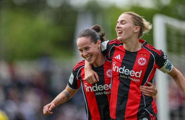 GER, Frankfurt, Eintracht Frankfurt vs Union Berlin, Google Pixel Bundesliga, Football, DFB, Season 2025 2026, Stadion am Brentanobad, 26 Matchday in picture Geraldine Reuteler Eintracht Frankfurt Women 14 , Laura Freigang Eintracht Frankfurt Women 10 , Goal, Cheers and joy, Emotions, 2 2 DFB DFL REGULATIONS PROHIBIT ANY USE OF PHOTOGRAPHS AS IMAGE SEQUENCES AND OR QUASI VIDEO, 17 05 2026 Copyright: HMBxMedia HendrikxHamelau