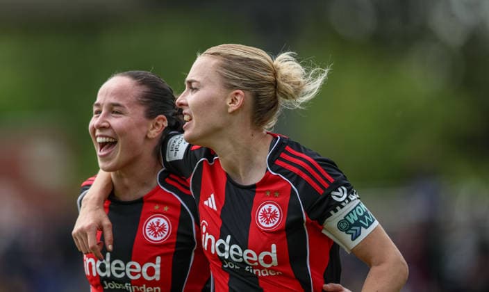 GER, Frankfurt, Eintracht Frankfurt vs Union Berlin, Google Pixel Bundesliga, Football, DFB, Season 2025 2026, Stadion am Brentanobad, 26 Matchday in picture Geraldine Reuteler Eintracht Frankfurt Women 14 , Laura Freigang Eintracht Frankfurt Women 10 , Goal, Cheers and joy, Emotions, 2 2 DFB DFL REGULATIONS PROHIBIT ANY USE OF PHOTOGRAPHS AS IMAGE SEQUENCES AND OR QUASI VIDEO, 17 05 2026 Copyright: HMBxMedia HendrikxHamelau