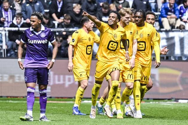 Mechelen s Therence Koudou celebrates after scoring during a soccer match between RSCA Anderlecht and KV Mechelen, Sunday 17 May 2026 in Brussels, on day 8 of the Champion s Play-off of the 2025-2026 Jupiler Pro League first division of the Belgian championship. TOM GOYVAERTS TomxGoyvaerts  x174151912x