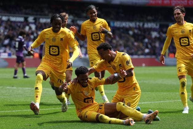 Mechelen s Therence Koudou celebrates after scoring during a soccer match between RSCA Anderlecht and KV Mechelen, Sunday 17 May 2026 in Brussels, on day 8 of the Champion s Play-off of the 2025-2026 Jupiler Pro League first division of the Belgian championship. VIRGINIExLEFOUR  x174151940x