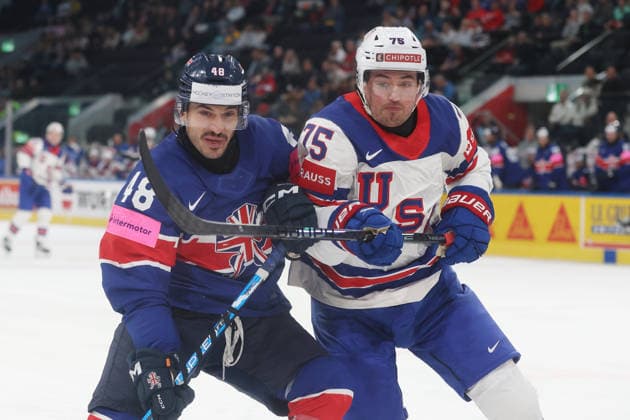 17 05 2026 Swiss Life Arena Zurich , SWITZERLAND, Ice Hockey Men IIHF World Championship Zurich 2026 Group A USA GBR Johnny Curran GBR vs Connor Clifton USA
