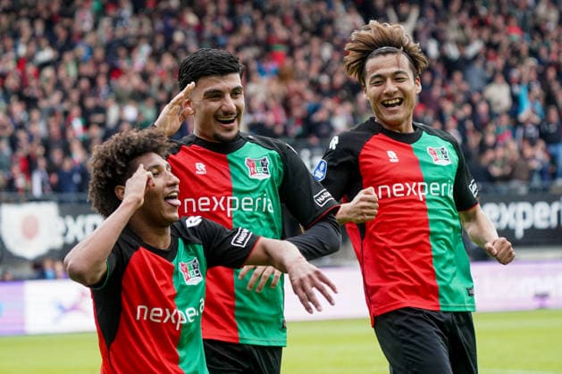 2026-05-17 N.E.C. Nijmegen v Go Ahead Eagles - Dutch Eredivisie NIJMEGEN, NETHERLANDS - MAY 17: Noe Lebreton of NEC Nijmegen celebrates with teammates after scoring his teams second goal, Kodai Sano of NEC Nijmegen during a Dutch Eredivisie at Goffertstadion on May 17, 2026 in Nijmegen, Netherlands. Nijmegen Goffertstadion Netherlands Content not available for redistribution in The Netherlands directly or indirectly through any third parties. Copyright: xJeroenxMeuwsenx